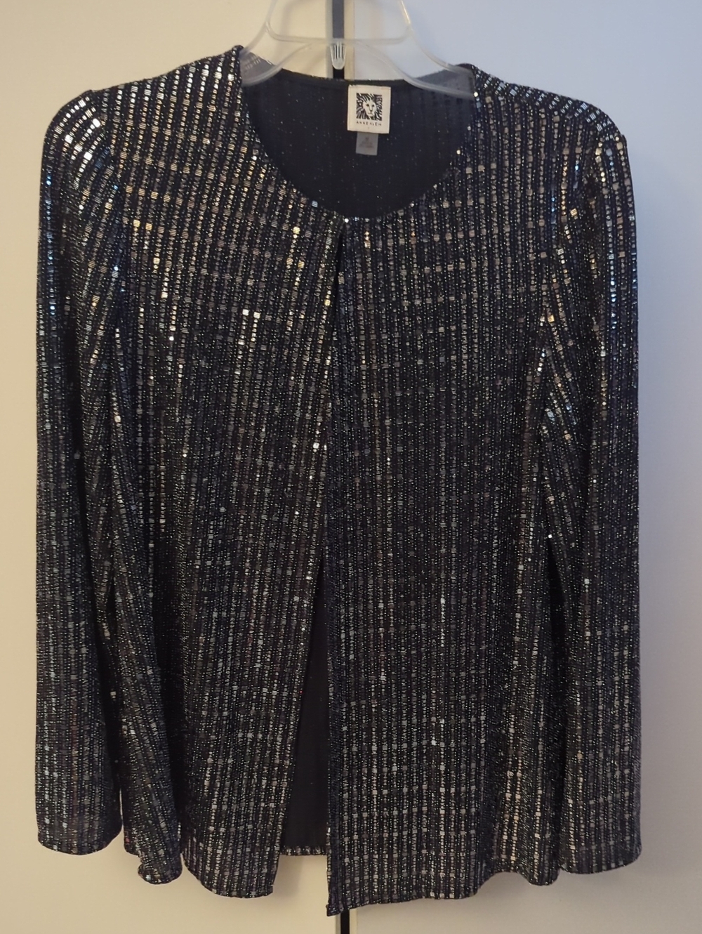 Anne Klein Silver And Black Open-Front Metallic Cardigan